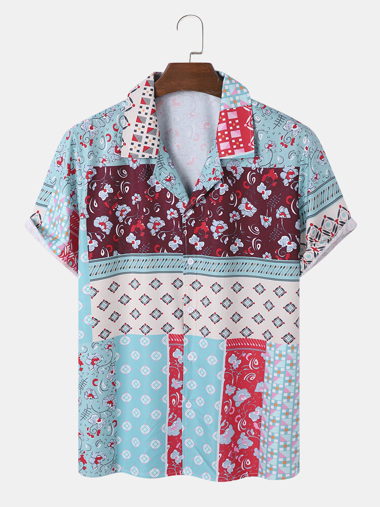 

Mens Floral Color Block Print Camp Collar Vintage Short Sleeve Shirts, Blue