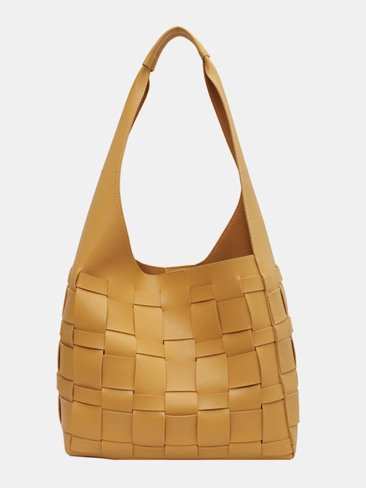 

Vintage Texture Weave Design Simple Large Capacity Tote Shoulder Bag, Yellow;khaki;black;coffee;beige