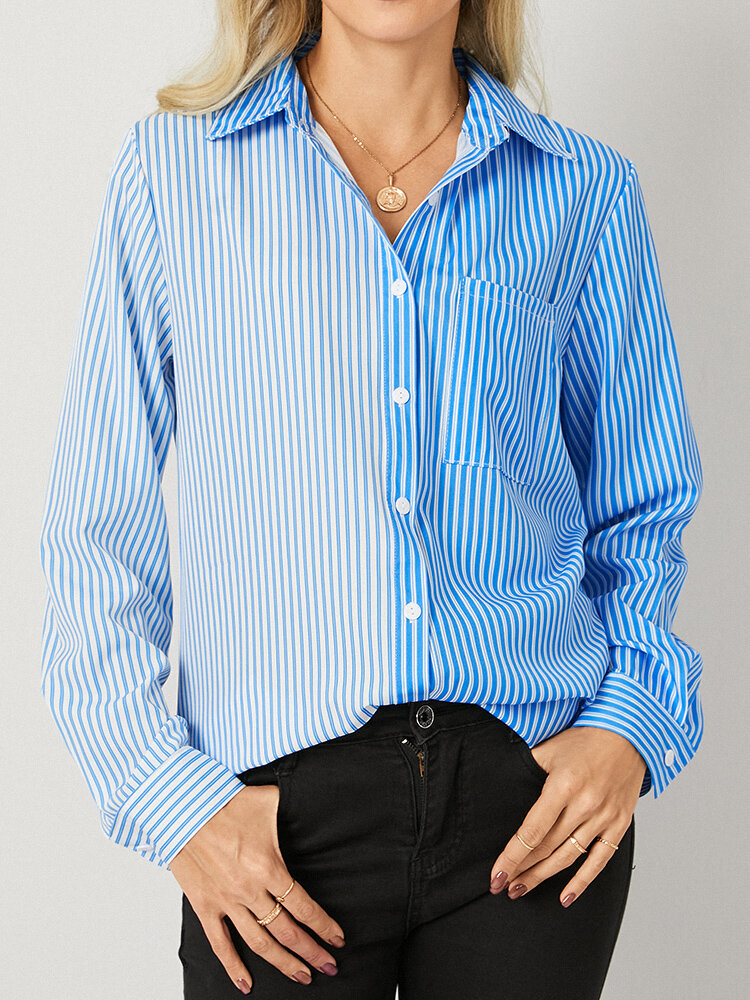 Contrast Color Stripe Pocket Long Sleeve Lapel Button Shirt