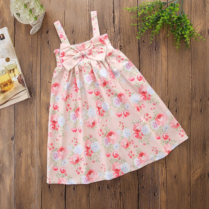 Floral Toddlers Girls Kids Sleeveless Princess Strap Bow Dresses