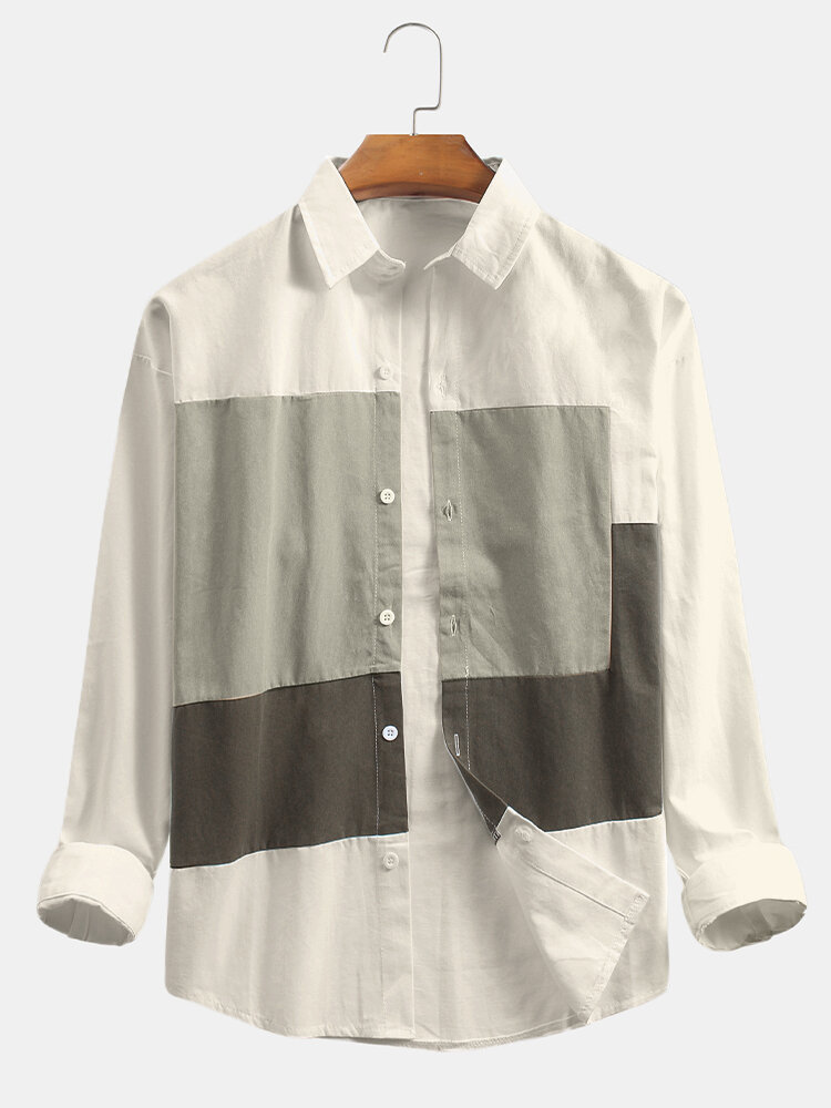 Mens Color Block Patchwork Cotton Loose Casual Long Sleeve Shirts