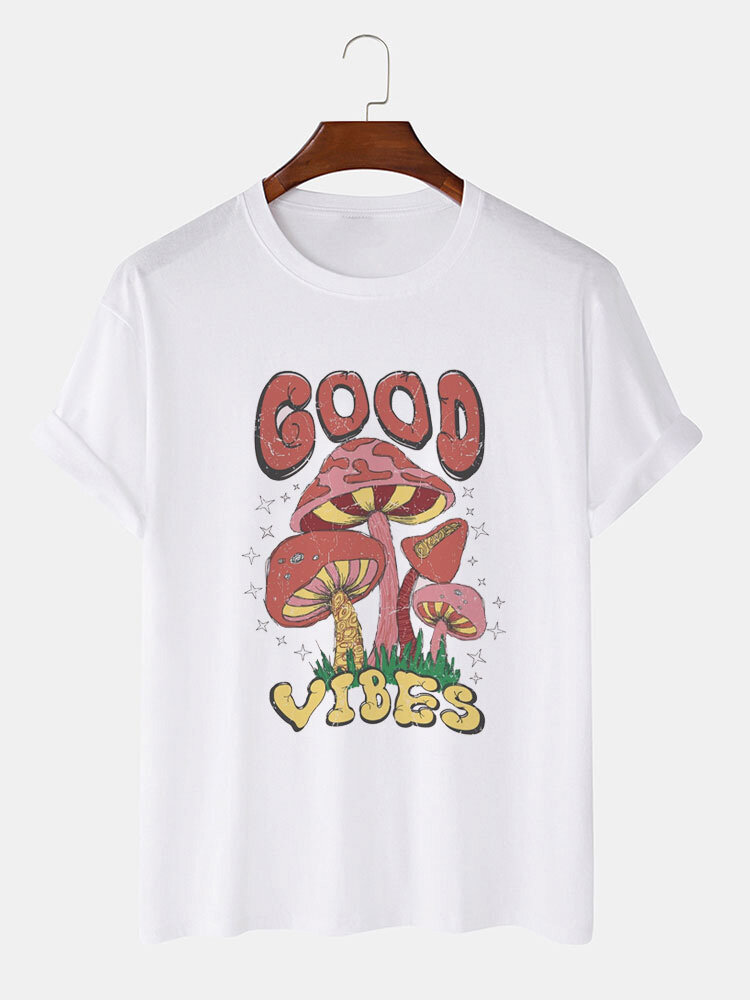 Mens Cartoon Mushrooms Letter Print Casual Short Sleeve T-Shirts