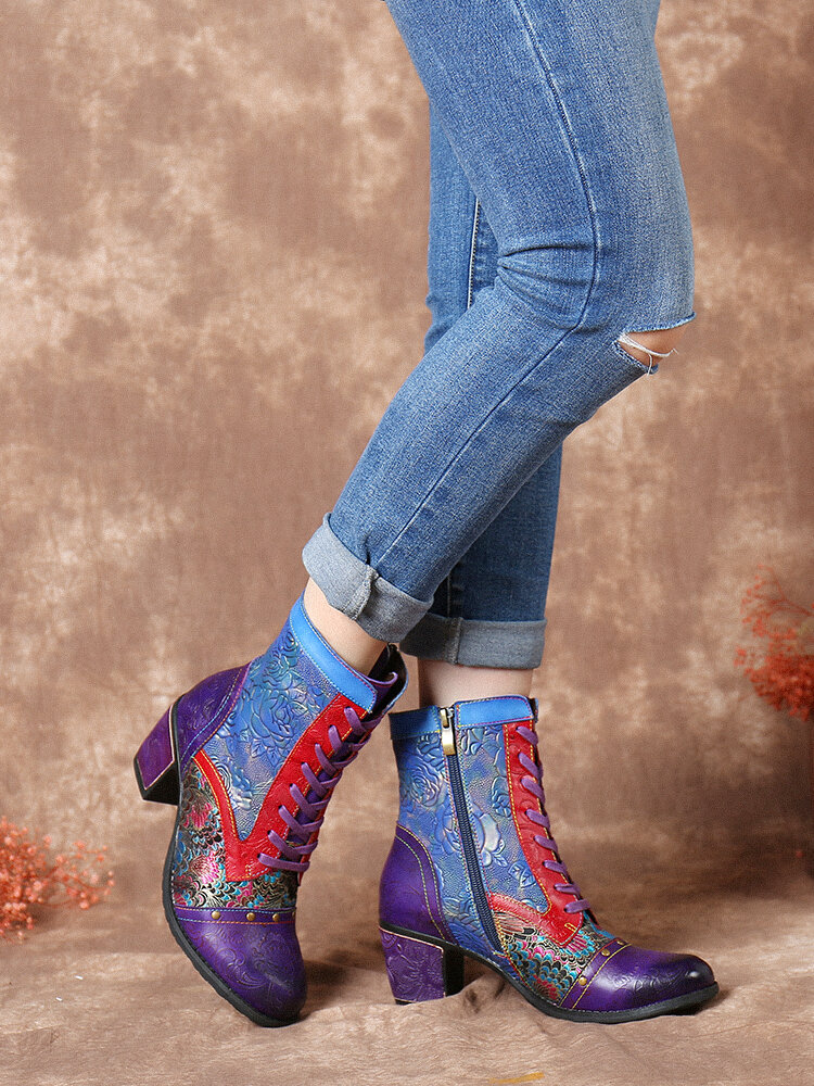 

SOCOFY Retro Floral Embossed Genuine Leather Splicing Comfy Block Heel Short Boots, Purple