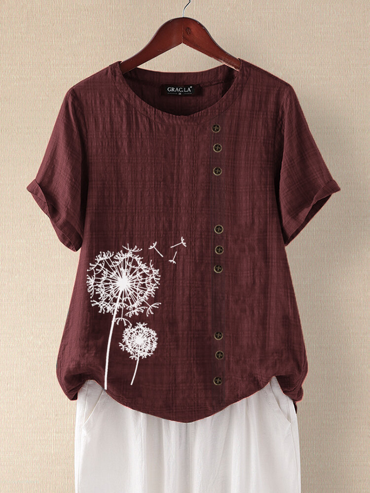Floral Print Plaid Short Sleeve Overhead O-Neck T-shirt