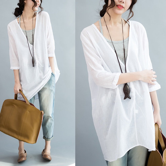 Season Wild Color Sunscreen Clothing Female Front Button Button Translucent Literary Fan In The Long Section Of Cotton And Linen Shirt Women
