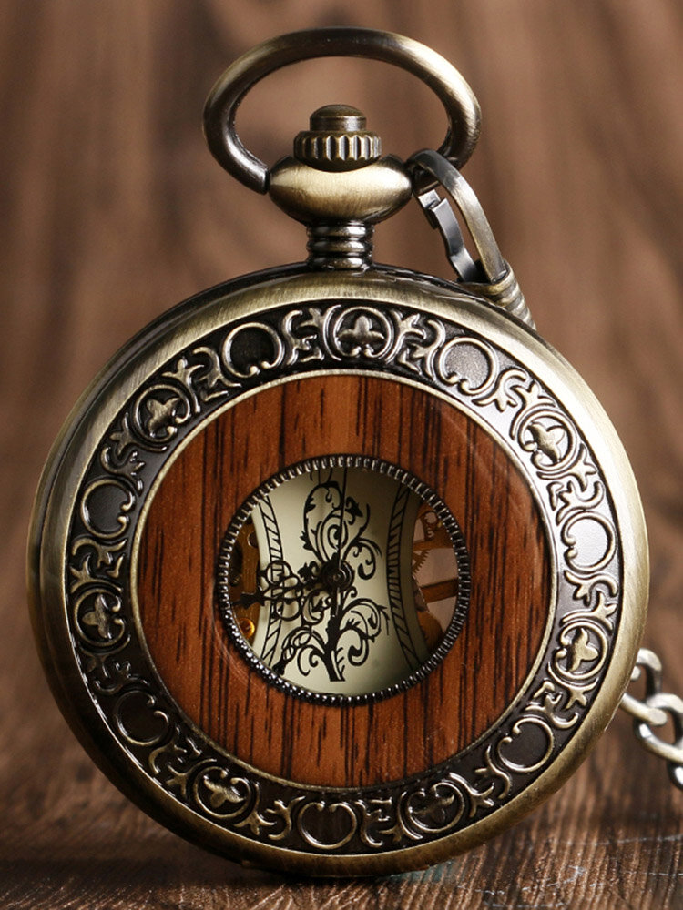 Vintage Wooden Pocket Men Watch Steampunk Hand Winding Skeleton Mechanical Watch Luxury Lover Gift