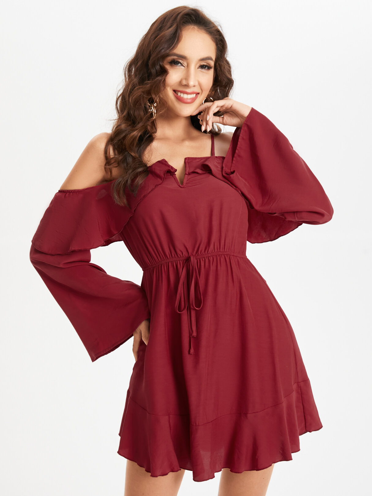Cold Shoulder Ruffle Trim Tie Up Backless Solid Mini Dress