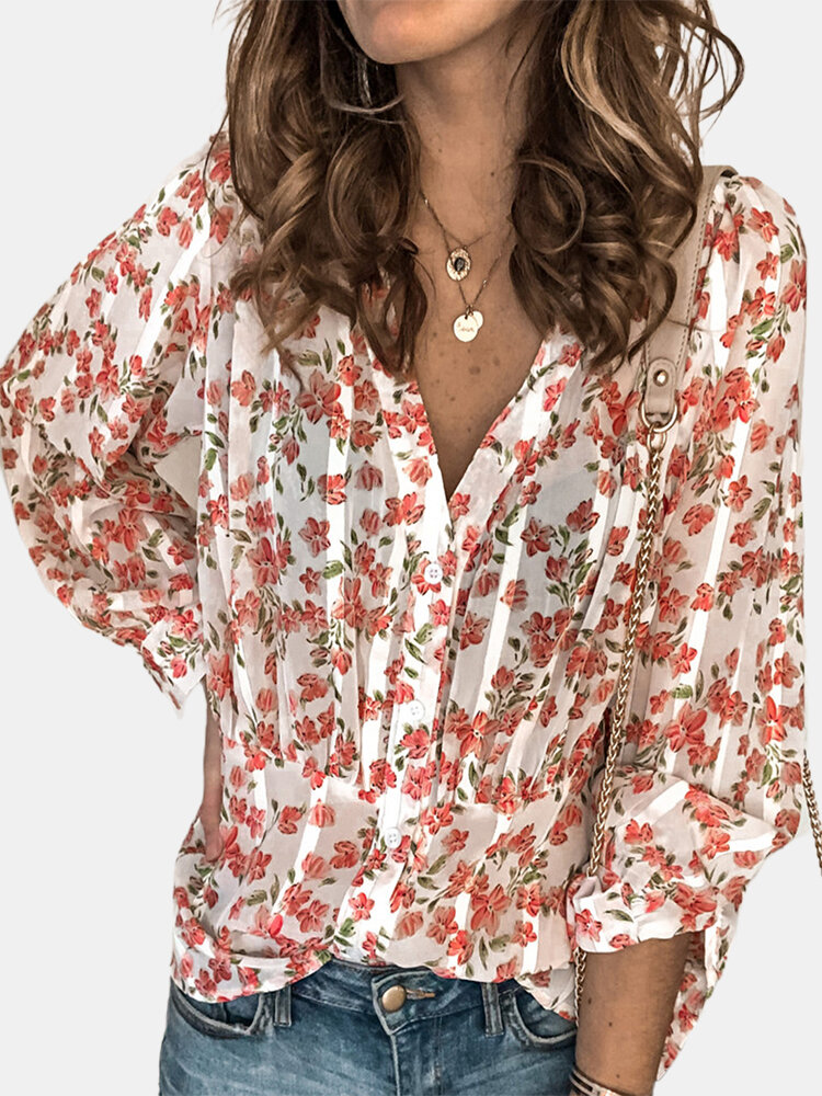 Pleated Floral Print Long Sleeve Casual Blouse For Women