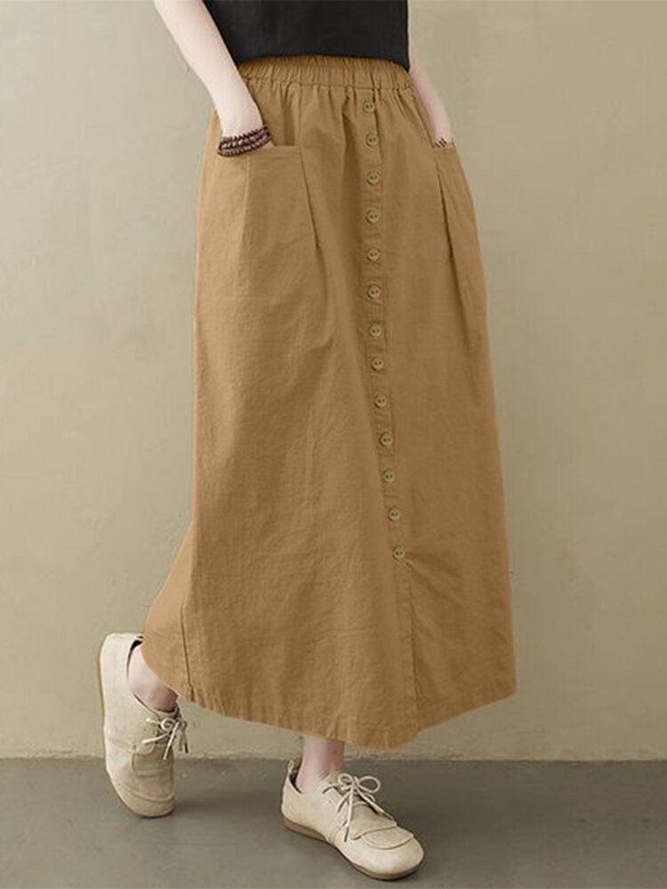 Women Solid Button Front Casual Skirt With Pocket