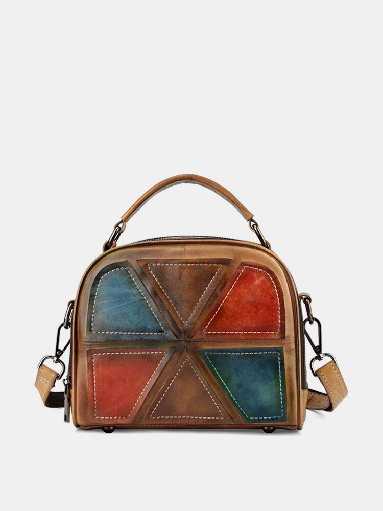 Women Vintage Genuine Leather Handmade Brush Color Handbags Stitching Crossbody Bags