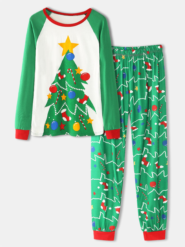 

Women Christmas Tree Print Raglan Sleeve Jogger Pants Home Lounge Pajamas Set, Green