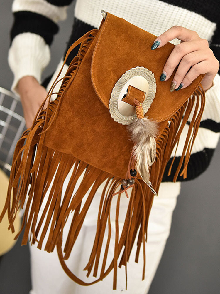 Women PU Leather Bohemia Tassel Feather Crossbody Bag Square Bag