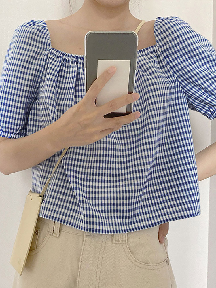 Check Print Puff Sleeve Square Collar Casual Blouse