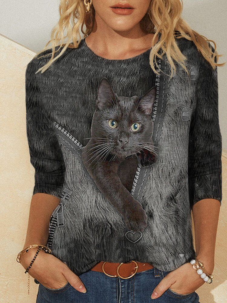 Cute Cat Print O-neck Long Sleeve Casual T-shirt for Women