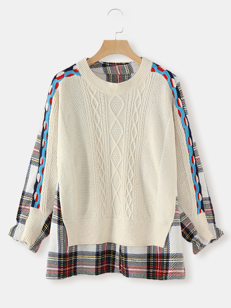 Check Stitch Long Sleeve Cable Fake Two Pieces Sweater