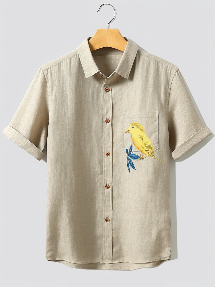 

Mens Bird Leaf Print Chest Pocket Short Sleeve Cotton Shirts, Khaki