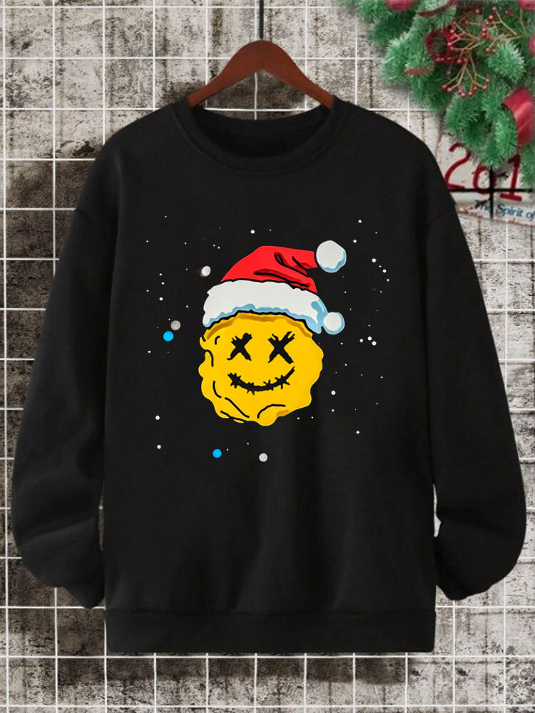 ChArmkpR Mens Christmas Hat Smile Print Crew Neck Pullover Sweatshirts