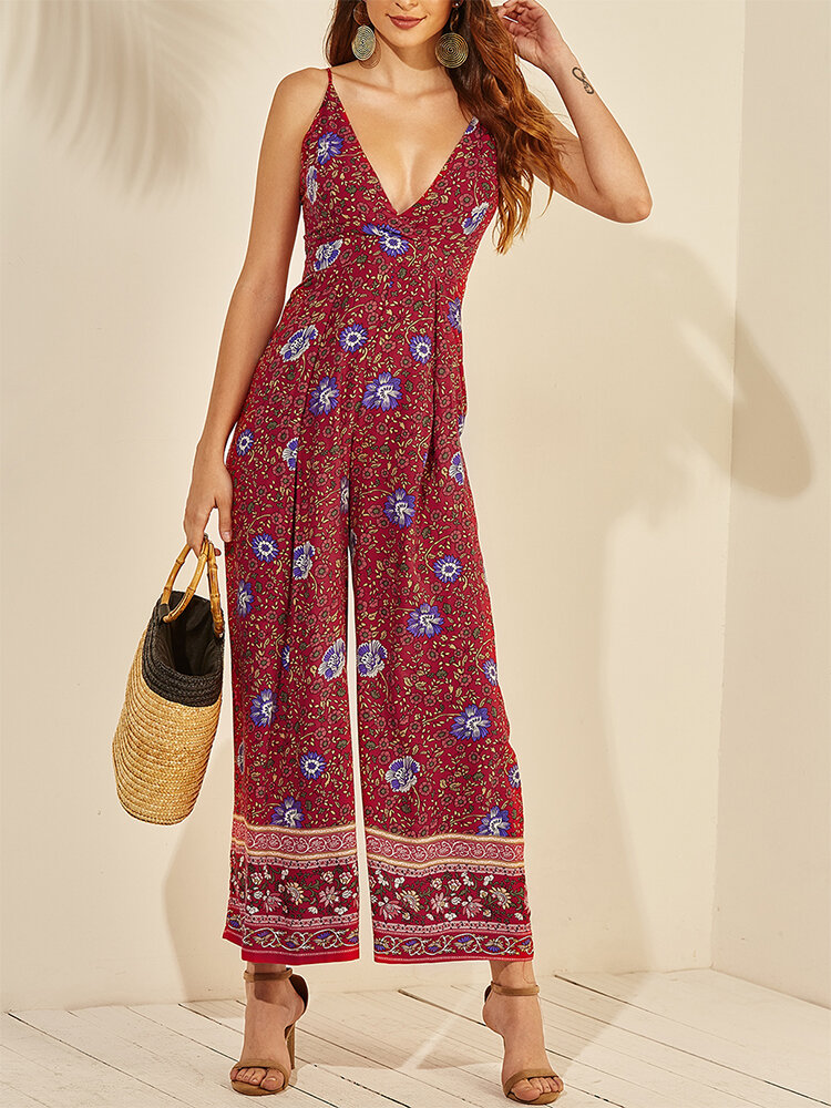 Ethnic Floral Print V-neck Long Sleeveless Casual Strap Jumpsuit