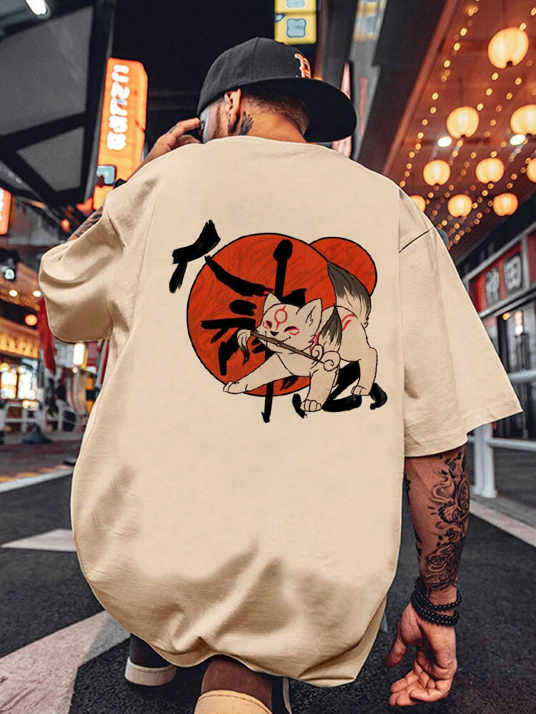Mens Japanese Style Cat Print Crew Neck Short Sleeve T-Shirts Winter