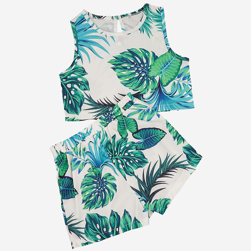 Girl's Green Leaf Print Sleeveless Casual Clothing Set For 1-5Y