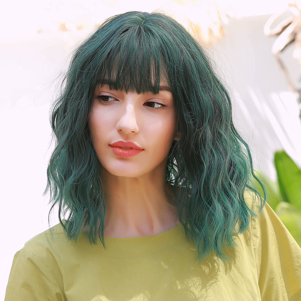 

14 Inch Green Gradient Medium Long Curly Hair Bangs Fluffy Breatable Chemical Fiber Wig