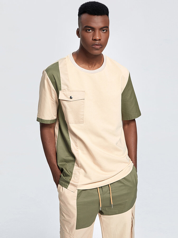 

Mens Contrasting Colors Patchwork Cotton Cargo T-Shirt & Jogger Pants Co-ords, Beige