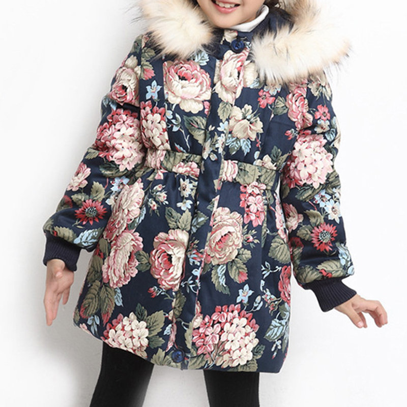 

Floral Print Girls Thick Warm Coat With Big Fur Hat For 4Y-15Y, Navy blue;beige