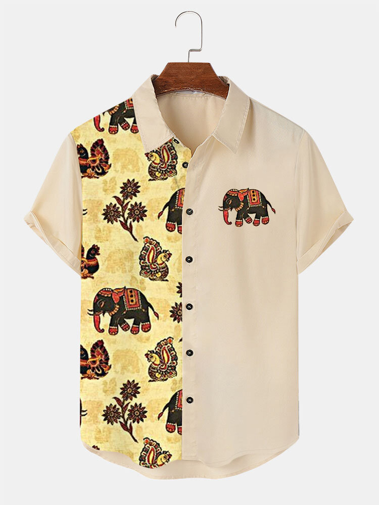 

Mens Ethnic Tribal Elephant Floral Print Patchwork Short Sleeve Shirts Winter, Khaki
