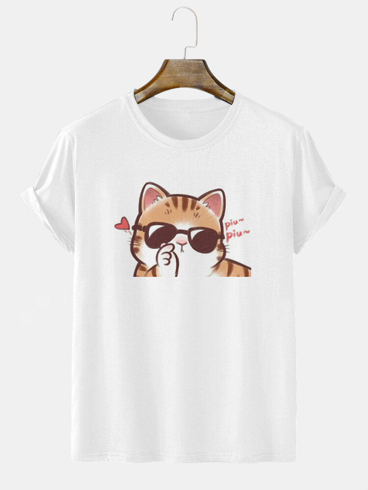 

Mens Cartoon Cat Heart Print Valentine' Day Short Sleeve T-Shirts Winter, White