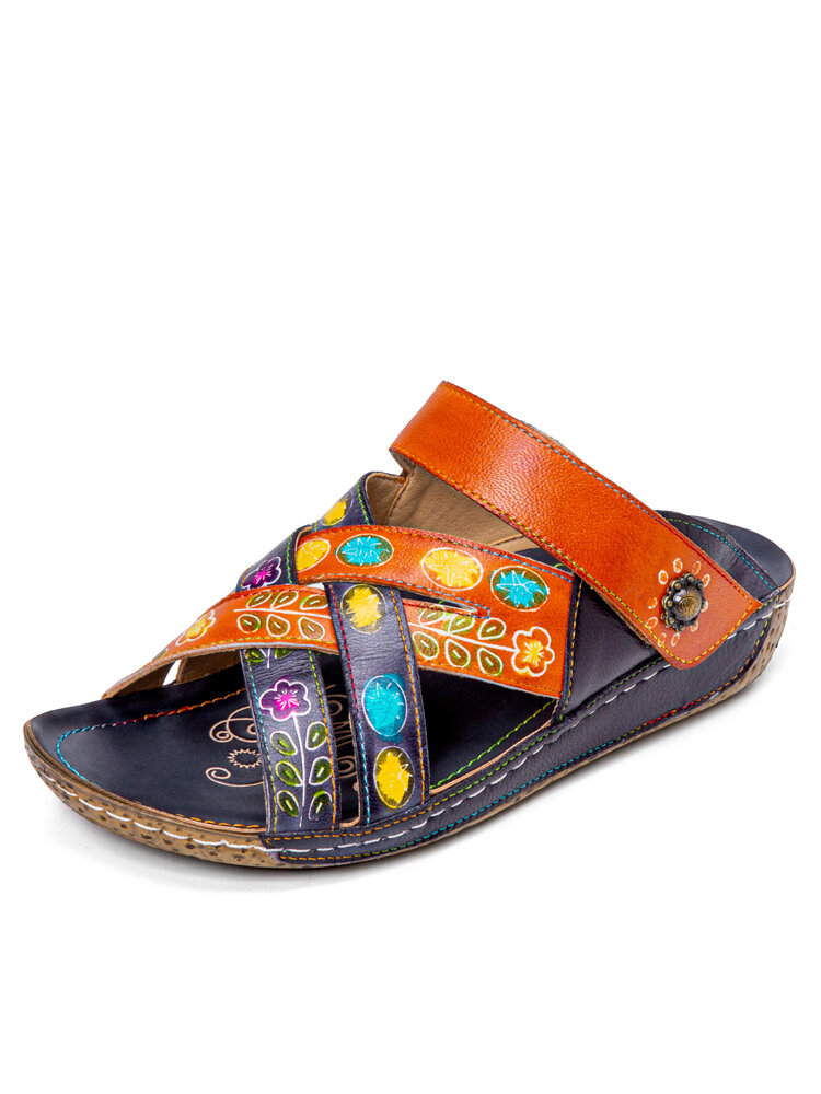 SOCOFY Retro Leather Painted Embossed Floral Slip-On Flat Slides Wedge Sandals