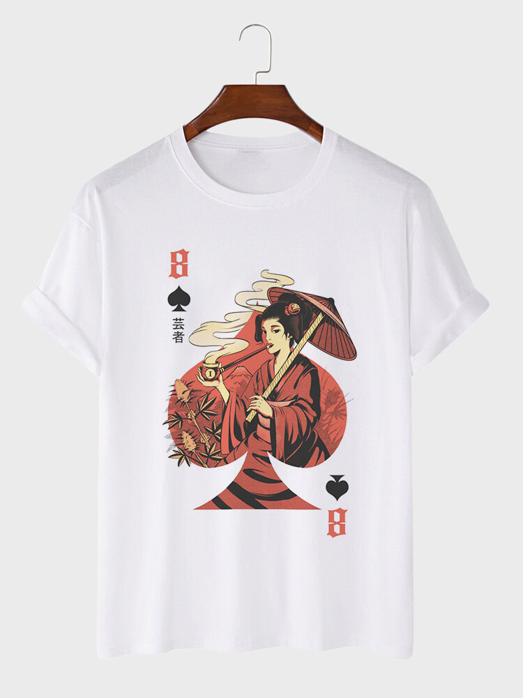 

Mens Japanese Figure Poker Print Crew Neck Short Sleeve T-Shirts, White