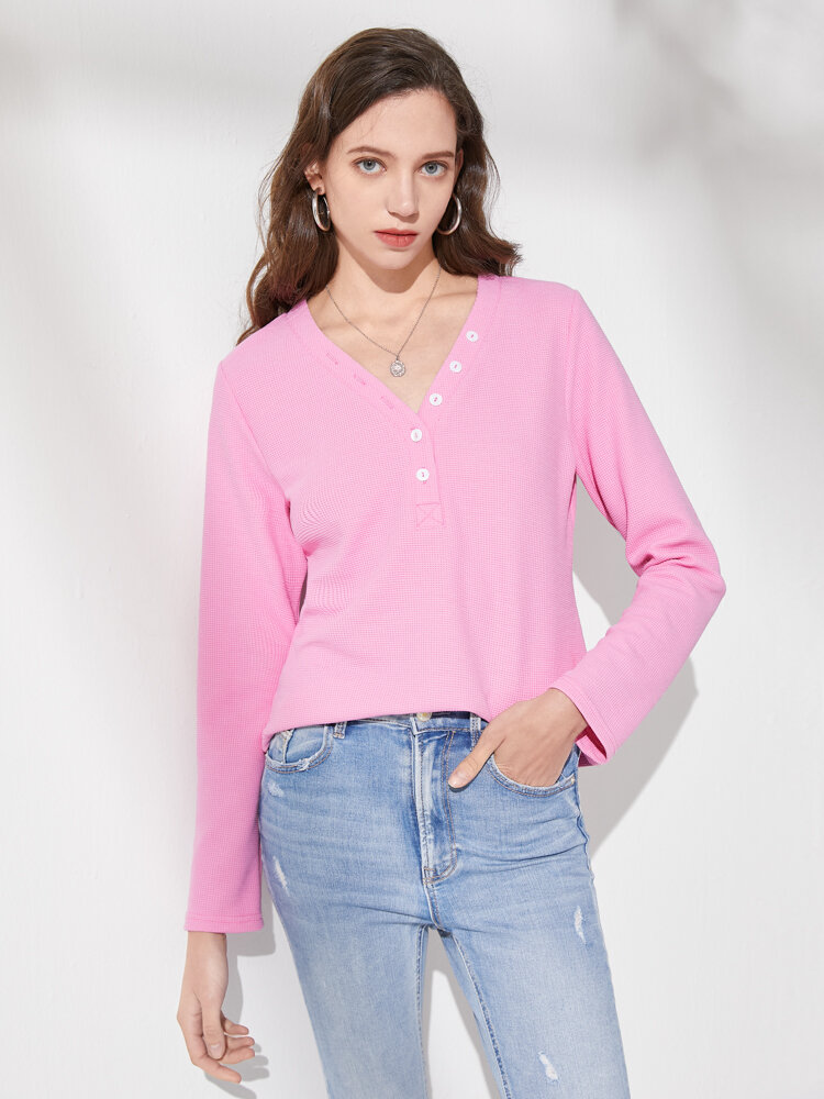 Solid Button Long Sleeve V-neck Casual T-shirt For Women