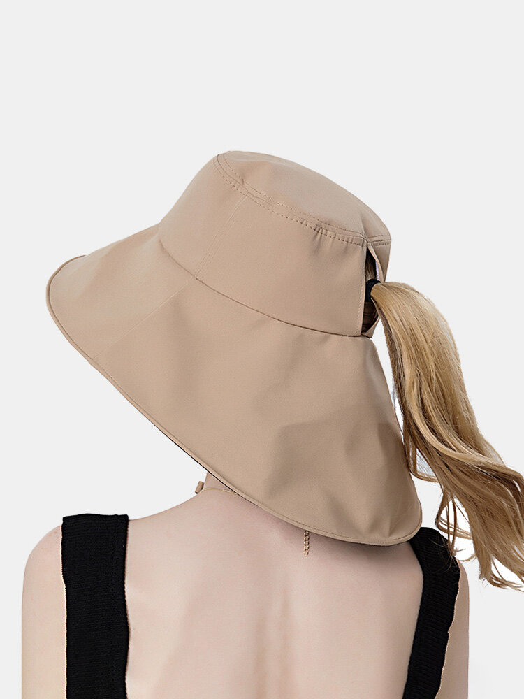 Women Dacron Cloth Casual Outdoor Back Brim Extended Ponytail Foldable Sunshade Bucket Hats