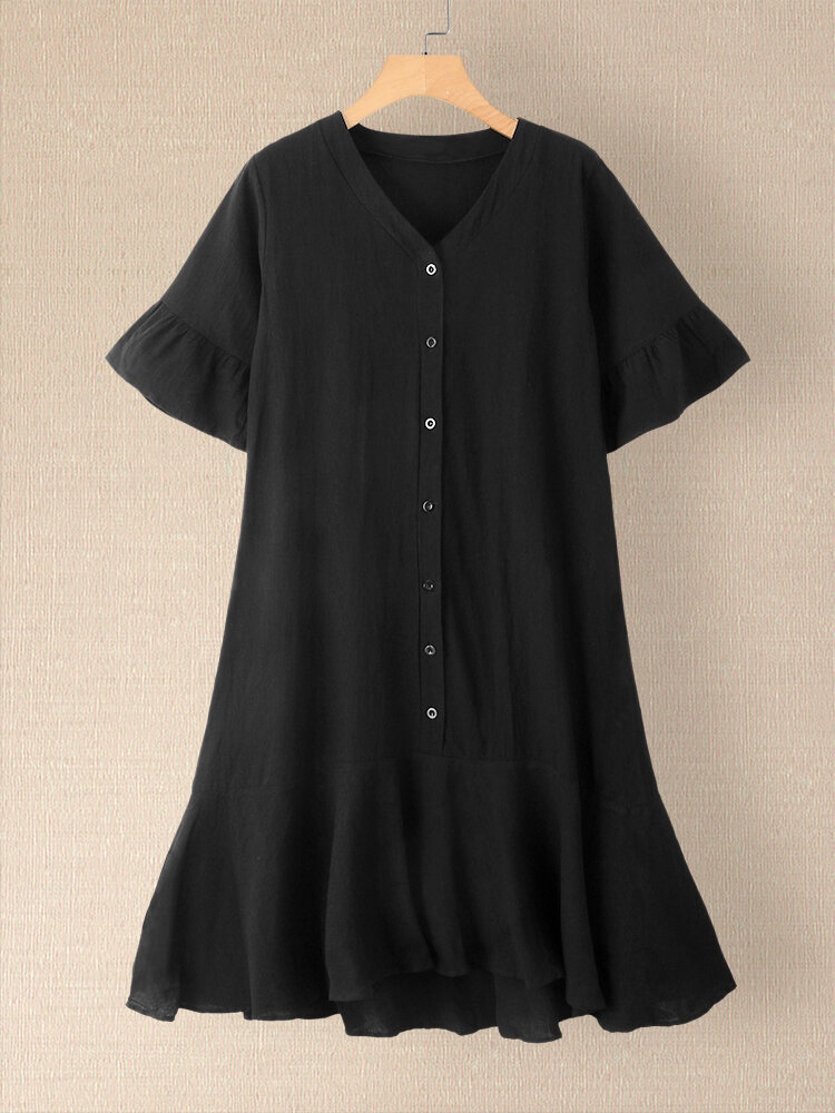 Solid Color Pleated Puff Sleeve Button V-neck Casual Dress