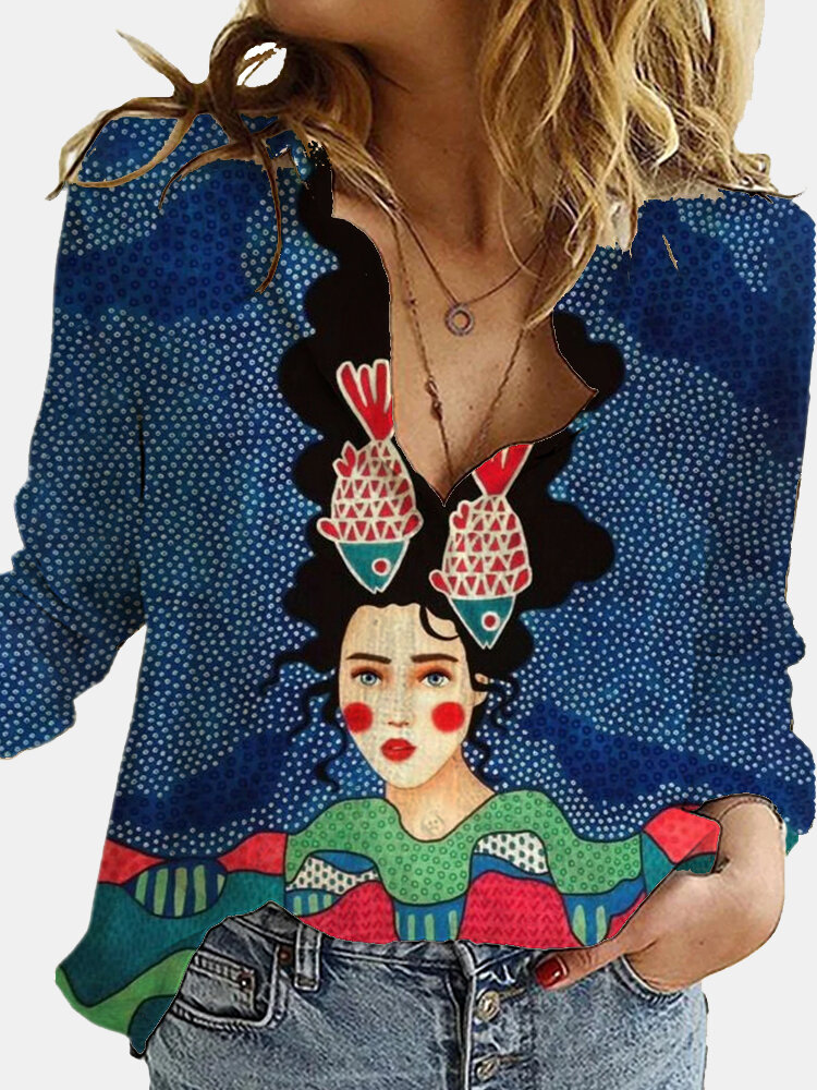 Vintage Printed Long Sleeve Turn-down Collar Blouse For Women