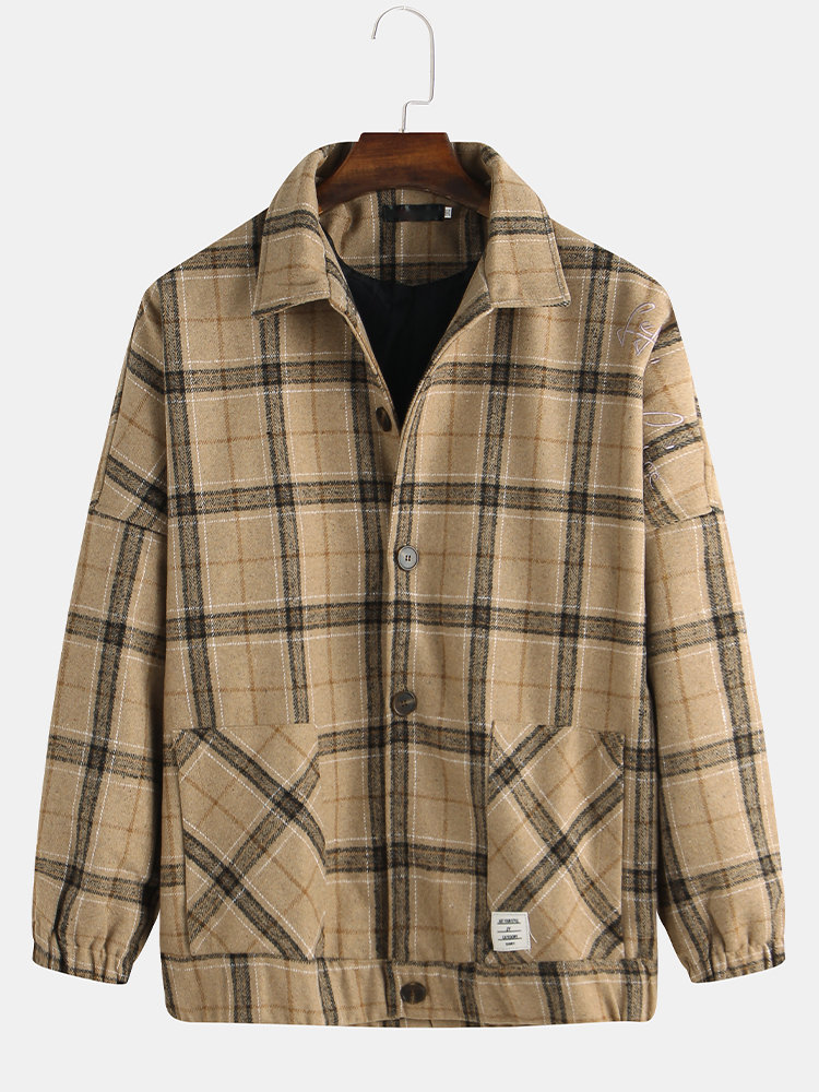 Mens Vintage Plaid Wool Blends Long Sleeve Loose Casual Coats Jackets