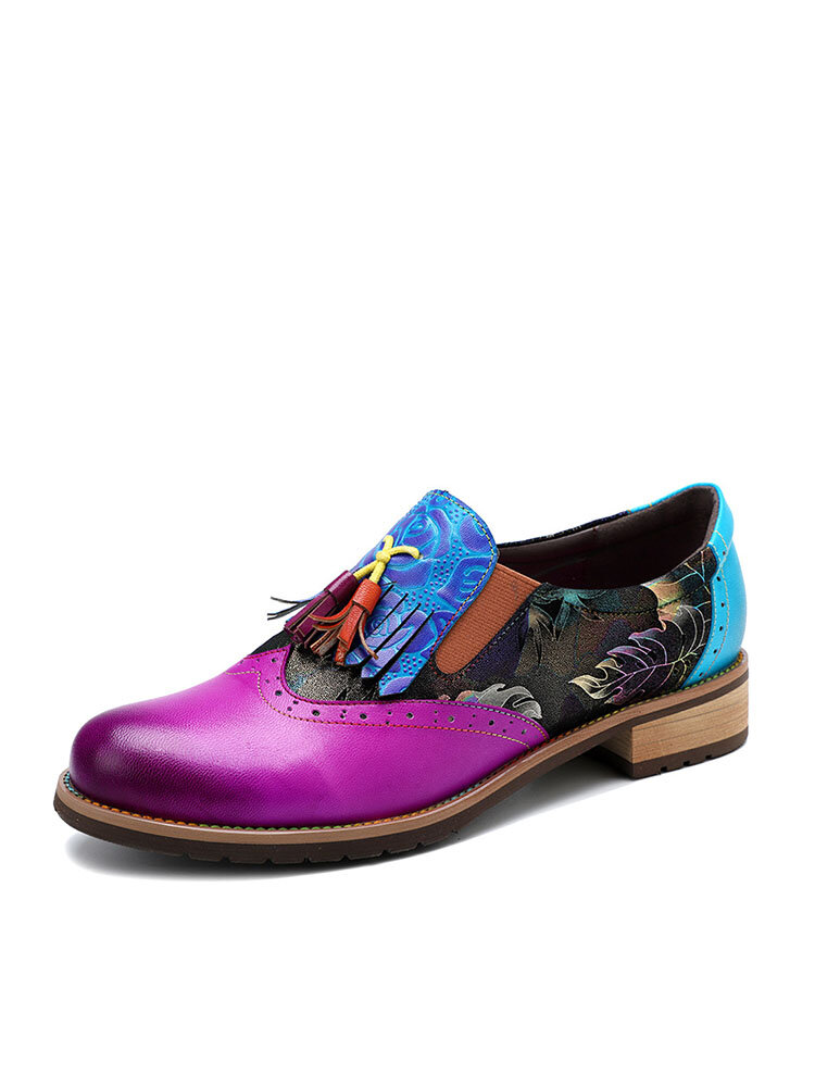 Socofy Retro Leaves Print Tassel Color Block Mocassins Sapatos Costura Elástica Banda Slip On Leather Flats