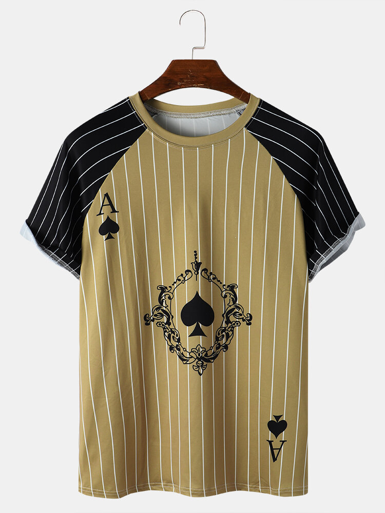 Mens Ace Of Spades Poker Stripe Print Raglan Sleeve Street T-Shirts