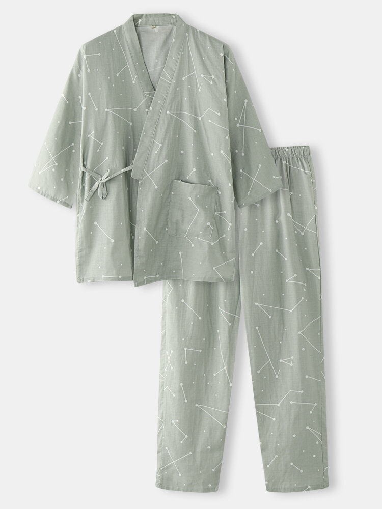

Mens Cotton Constellation Pattern Tie Side Kimono Home Long Loungewear Sets, Gray