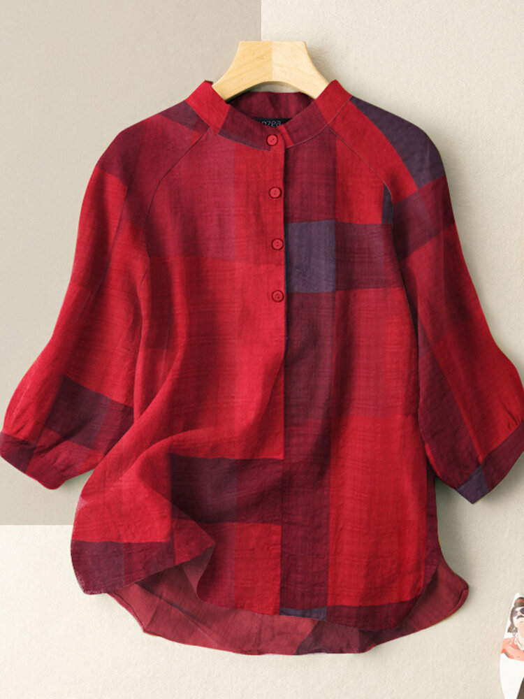 Plaid Button Stand Collar Casual Blouse