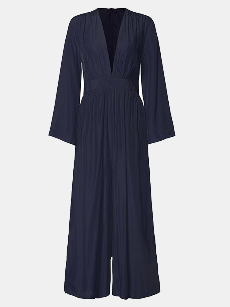 Сплошной цвет с длинным рукавом и широкими штанинами Комбинезон для Женское