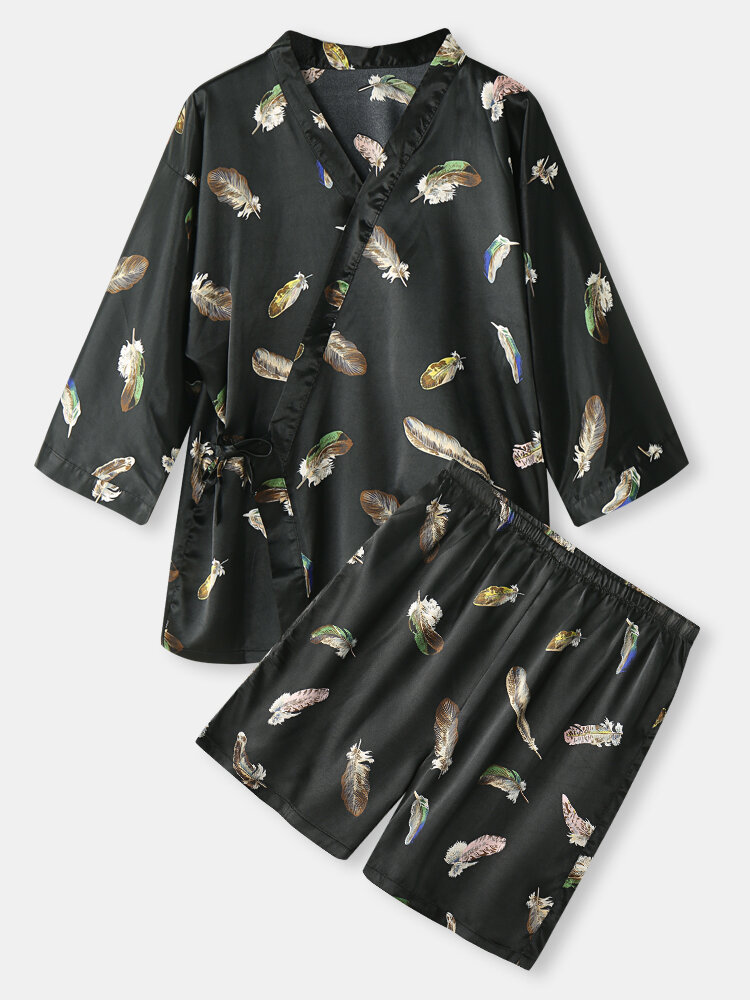 Mens All Over Feather Print Tie Side Kimono Comfy Satin Pajamas Sets