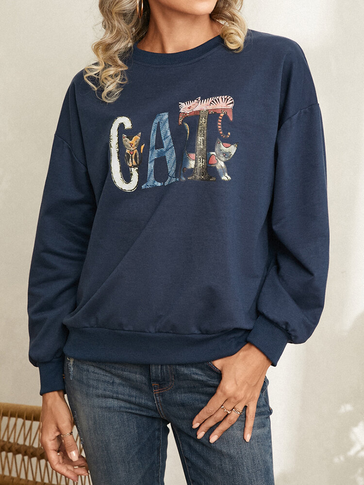 Cartoon Cat Print Long Sleeve O-neck Sweatshirt For Women