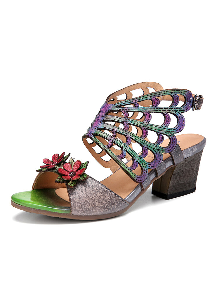 SOCOFY Leather Floral Cutout Butterfly Wings Buckle Slingback Block Heel Sandals