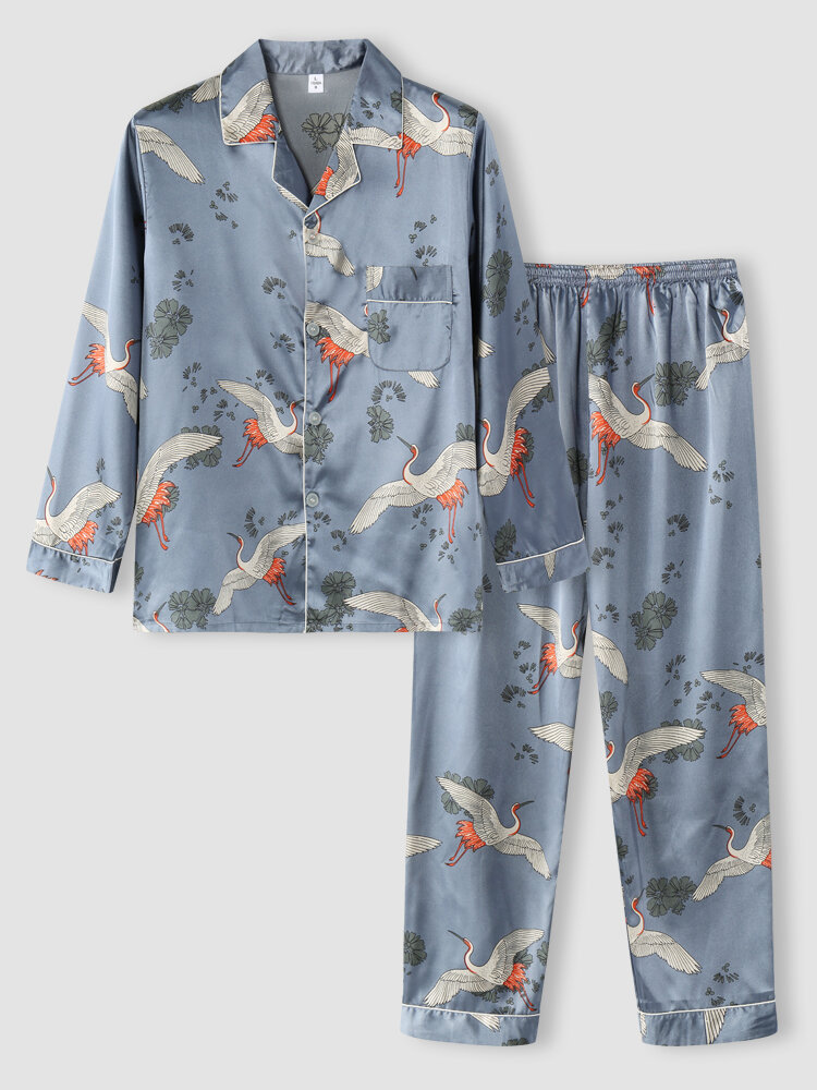 Men Faux Silk Allover Crane Print Chest Pocket Luxury Home Pajama Sets