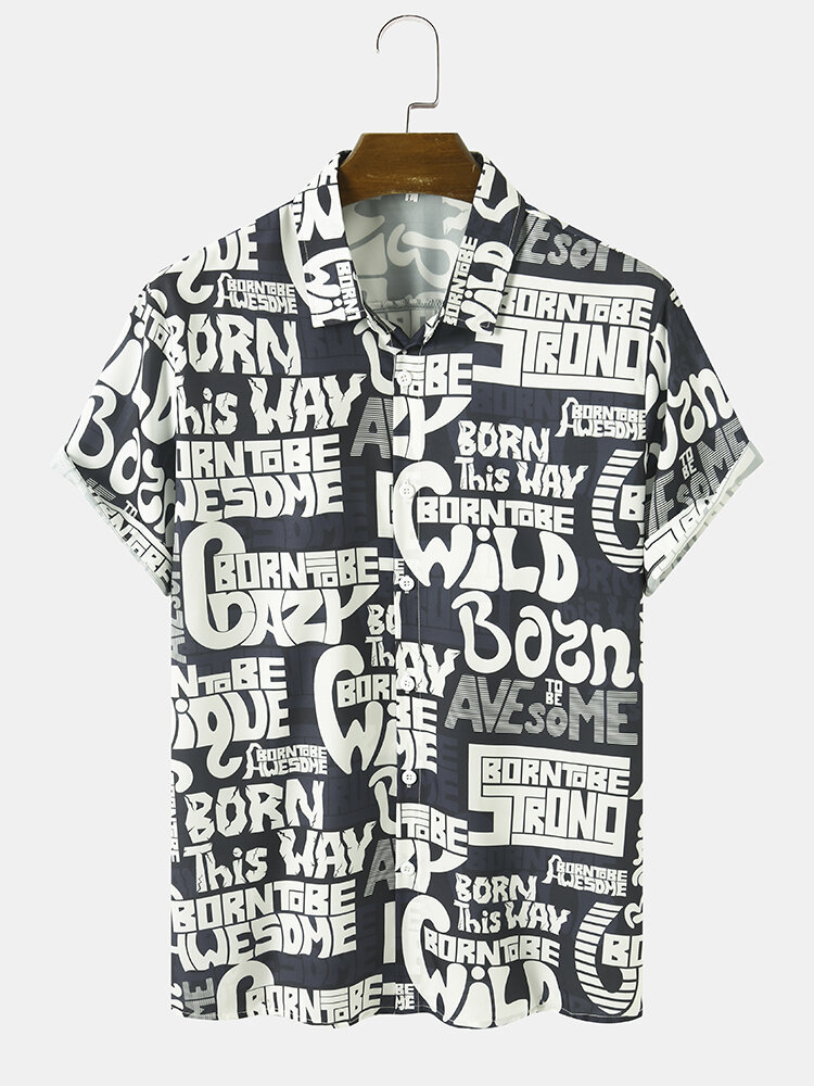Mens Large Letter Print Button Up Street Short Sleeve Shirts