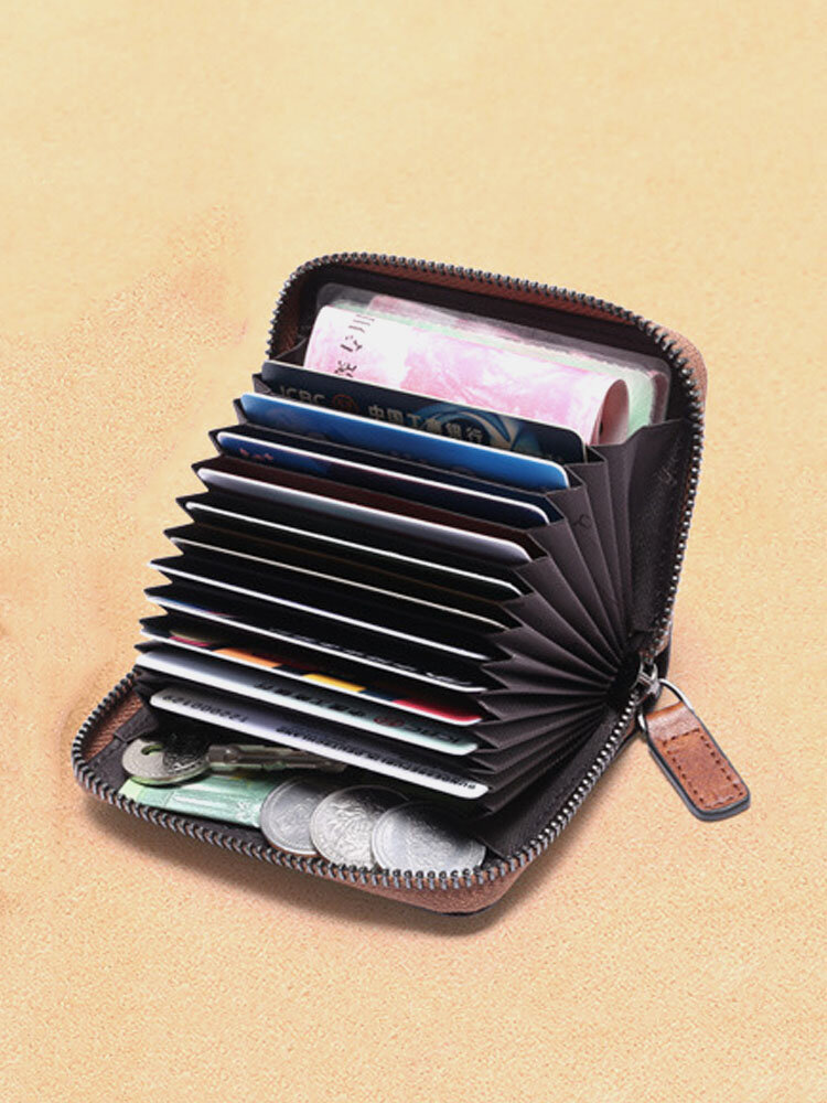 Men Genuine Leather Multi-slots RFID Anti-theft Retro Large Capacity Foldable Card Holder Wallet