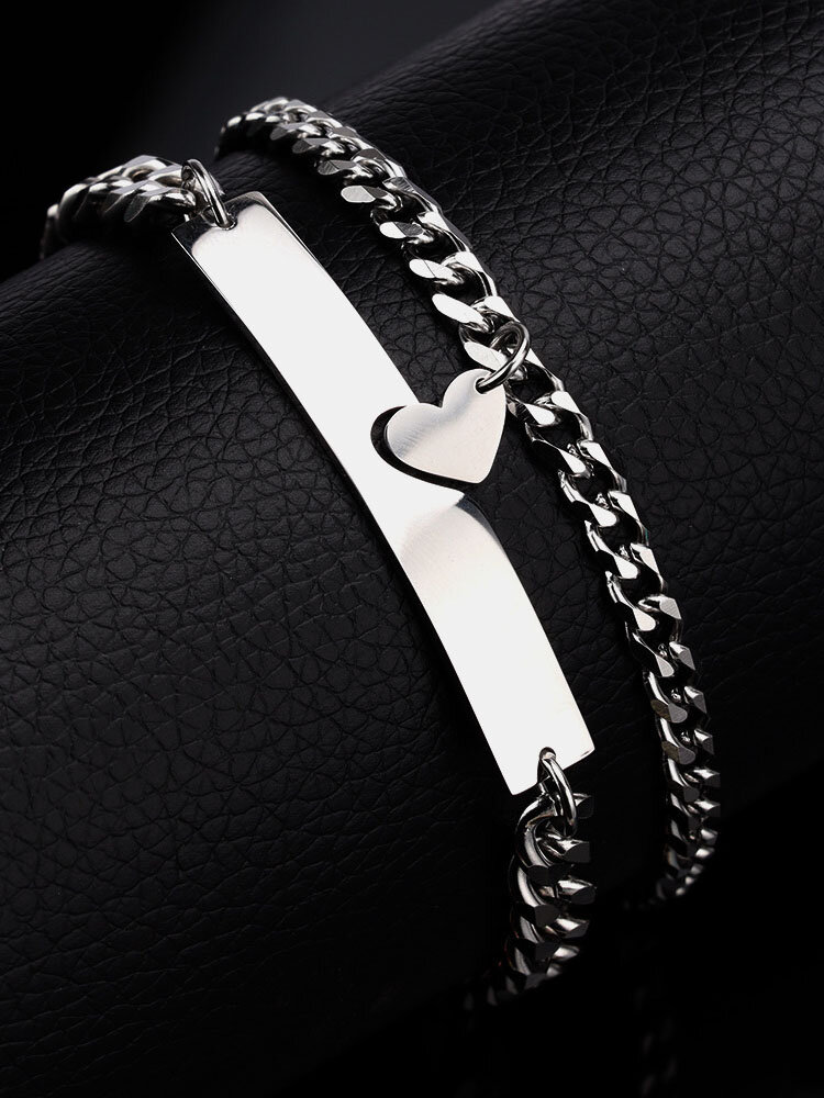 2 Pcs/Set Trendy Simple Solid Color Cuban Chain Love Stitching Rectangular Pendant Stainless Steel Couple Bracelets