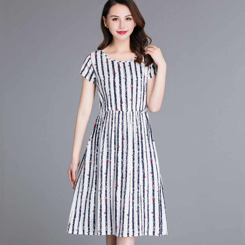 striped short-sleeved cotton silk waist bohemian dress