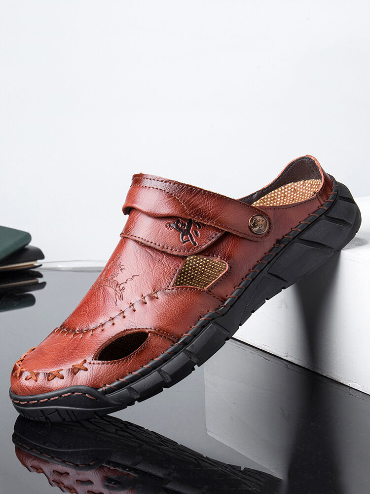 Men Cow Leather Hand Stitching Non Slip Soft Sole Casual Sandals